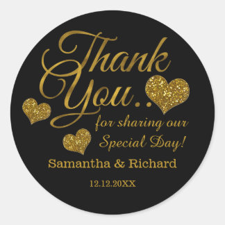 Gold Glitter Heart Thank You Wedding Favor Black  Ronde Sticker