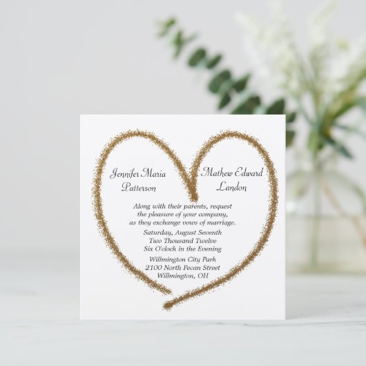 Gold Glitter Heart Wedding Invitation Kaart (Staand voorkant)