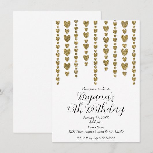 Gold Glitter Hearts Valentijn Verjaardagsfeest Kaart (Voorkant / Achterkant)
