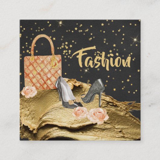 *~* Gold Glitter HEELS BAG ROOS MODE Vierkante Visitekaartje (Voorkant)