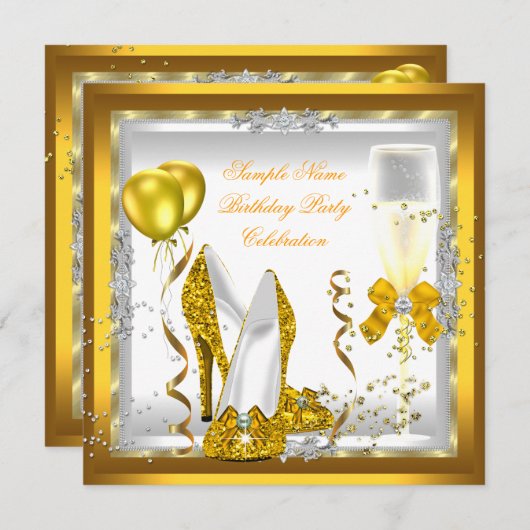Gold Glitter Heels White Yellow Birthday Party Kaart (Voorkant / Achterkant)