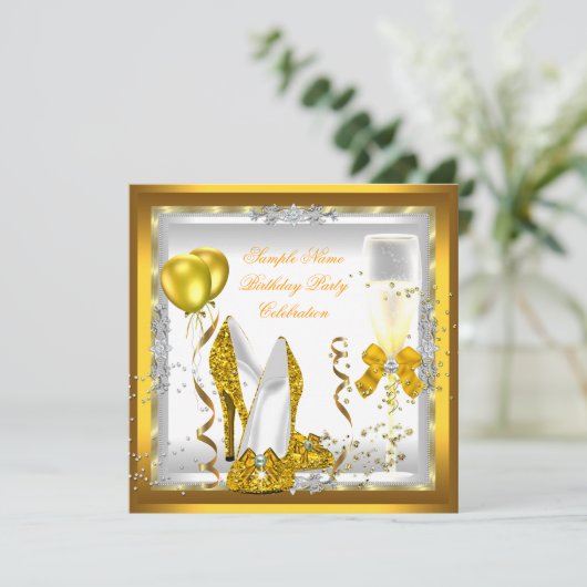 Gold Glitter Heels White Yellow Birthday Party Kaart (Staand voorkant)