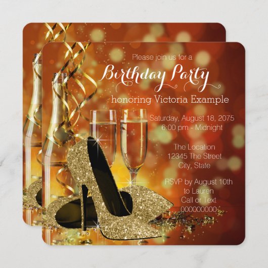 Gold Glitter High Heels Champagne Birthday Party Kaart (Voorkant / Achterkant)