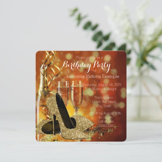 Gold Glitter High Heels Champagne Birthday Party Kaart (Staand voorkant)