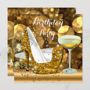 Gold Glitter High Heels Champagne Birthday Party Kaart