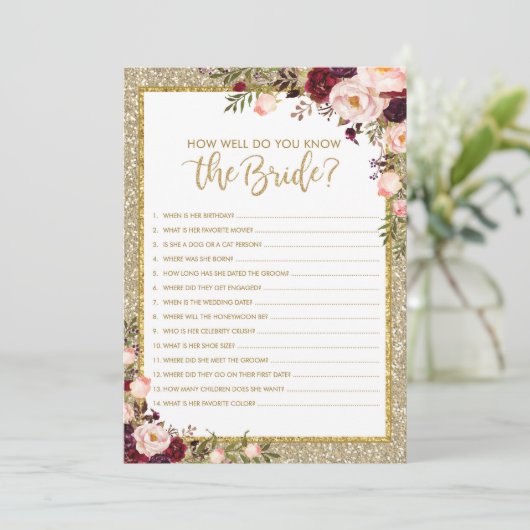 Gold Glitter Hoe goed je Bride Game Kaart kent (Staand voorkant)