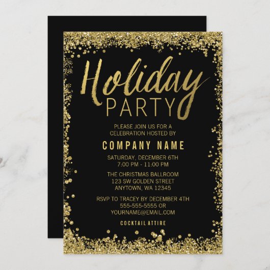 Gold Glitter Holiday Party Kaart (Voorkant / Achterkant)