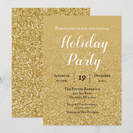 Gold Glitter Holiday Party Uitnodiging (Voorkant / Achterkant)