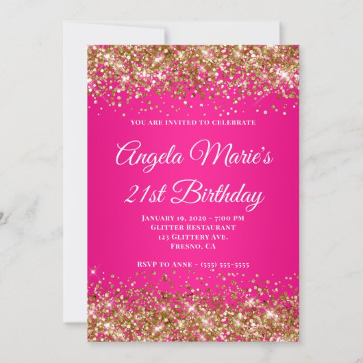 Gold Glitter Hot Pink Fancy Monogram 21e Verjaarda Kaart (Voorkant)