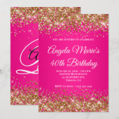 Gold Glitter Hot Pink Fancy Monogram 40e Verjaarda Kaart (Voorkant / Achterkant)
