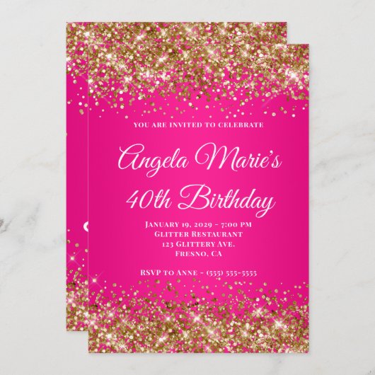 Gold Glitter Hot Pink Fancy Monogram 40e Verjaarda Kaart (Voorkant / Achterkant)