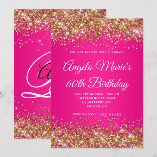 Gold Glitter Hot Pink Fancy Monogram 60e Verjaarda Kaart (Voorkant / Achterkant)