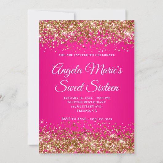 Gold Glitter Hot Pink Fancy Monogram Sweet Sixteen Kaart (Voorkant)