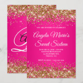 Gold Glitter Hot Pink Fancy Monogram Sweet Sixteen Kaart (Voorkant / Achterkant)