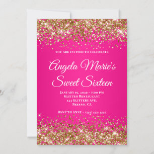 Gold Glitter Hot Pink Fancy Monogram Sweet Sixteen Kaart