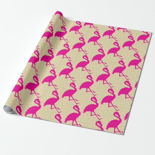Gold Glitter Hot Pink Flamingo Wrapping Paper Cadeaupapier (Uitgerold)