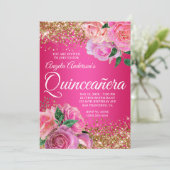 Gold Glitter Hot Pink Floral Glam Quinceañera Kaart (Staand voorkant)