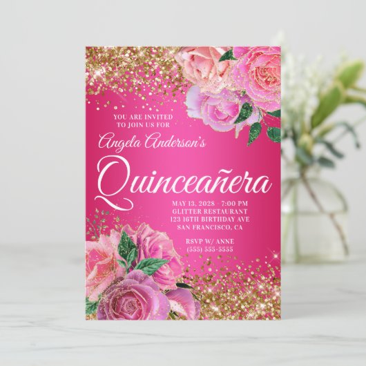 Gold Glitter Hot Pink Floral Glam Quinceañera Kaart (Staand voorkant)