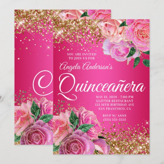 Gold Glitter Hot Pink Floral Glam Quinceañera Kaart (Voorkant / Achterkant)