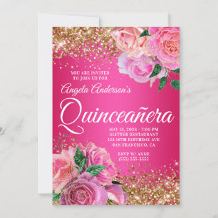 Gold Glitter Hot Pink Floral Glam Quinceañera Kaart