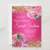 Gold Glitter Hot Pink Floral Glam Sweet Sixteen Kaart (Voorkant)
