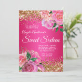 Gold Glitter Hot Pink Floral Glam Sweet Sixteen Kaart (Staand voorkant)