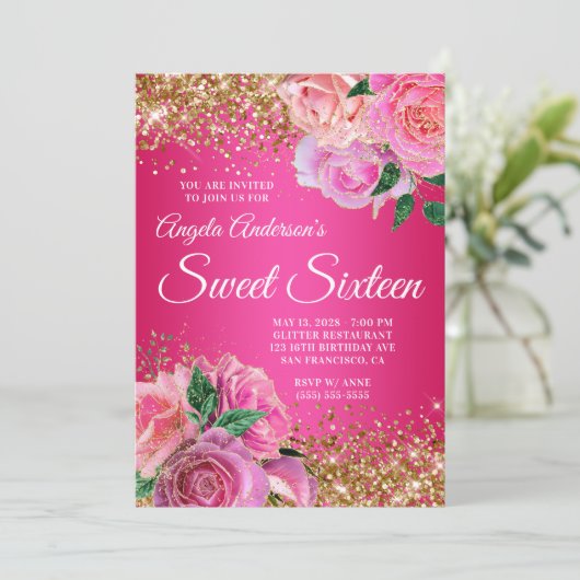 Gold Glitter Hot Pink Floral Glam Sweet Sixteen Kaart (Staand voorkant)