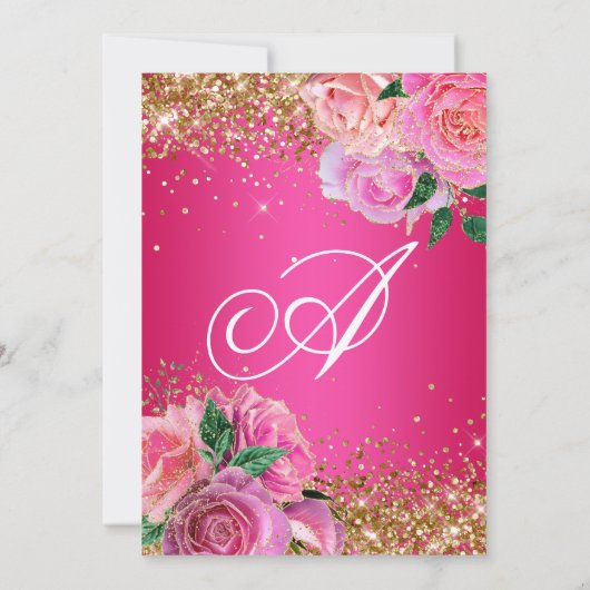 Gold Glitter Hot Pink Floral Glam Sweet Sixteen Kaart (Achterkant)