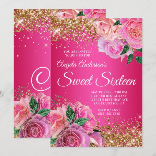 Gold Glitter Hot Pink Floral Glam Sweet Sixteen Kaart (Voorkant / Achterkant)