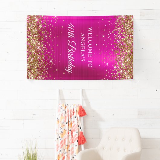 Gold Glitter Hot Pink Folie 40e Verjaardag V Spandoek (Insitu)