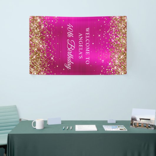 Gold Glitter Hot Pink Folie 40e Verjaardag V Spandoek (Beurs)