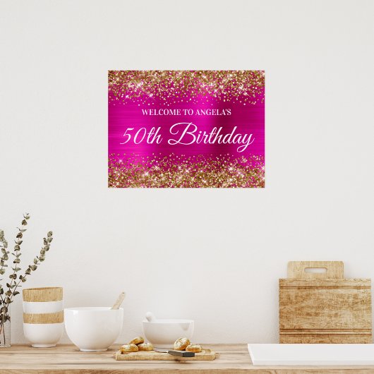 Gold Glitter Hot Pink Folie 50e verjaardag Welkom Poster (Keuken)