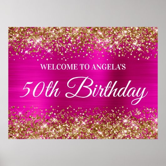 Gold Glitter Hot Pink Folie 50e verjaardag Welkom Poster (Voorkant)