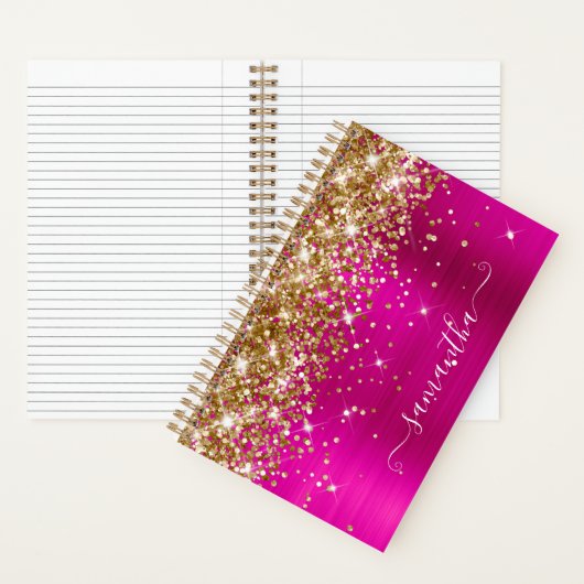 Gold Glitter Hot Pink Folie Girly Handtekening Notitieboek (Binnen)