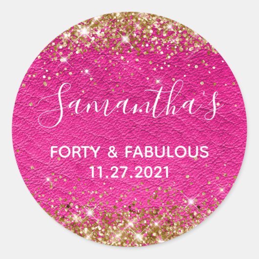 Gold Glitter Hot Pink Leather Forty en Fabulous Ronde Sticker (Voorkant)