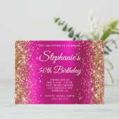 Gold Glitter Hot Pink Monogram 50e verjaardag Kaart (Staand voorkant)