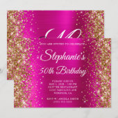 Gold Glitter Hot Pink Monogram 50e verjaardag Kaart (Voorkant / Achterkant)