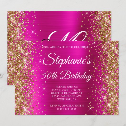 Gold Glitter Hot Pink Monogram 50e verjaardag Kaart (Voorkant / Achterkant)