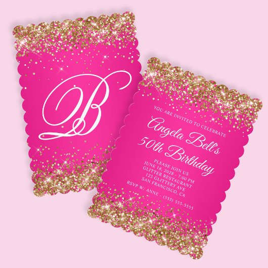 Gold Glitter Hot Pink Monogram 50e verjaardag Kaart