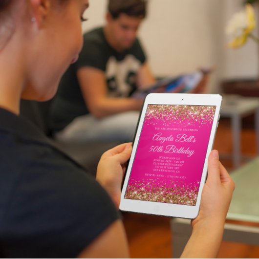 Gold Glitter Hot Pink Monogram 50e verjaardag Kaart