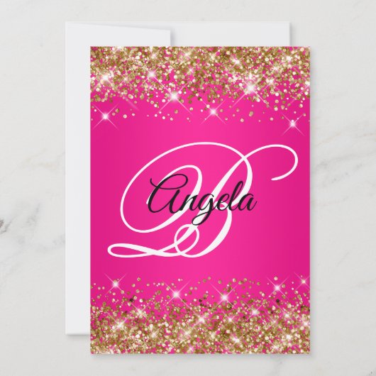 Gold Glitter Hot Pink Ombre Fancy Monogram Kaart (Achterkant)