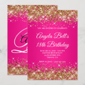Gold Glitter Hot Pink Ombre Monogram 18th Birthday Kaart (Voorkant / Achterkant)