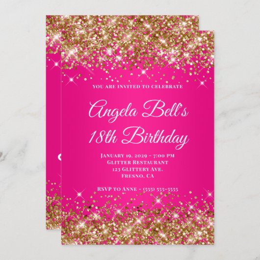 Gold Glitter Hot Pink Ombre Monogram 18th Birthday Kaart (Voorkant / Achterkant)