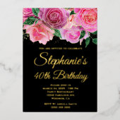 Gold Glitter Hot Pink Roos Zwart 40e Verjaardag Folie Uitnodiging (Voorkant)