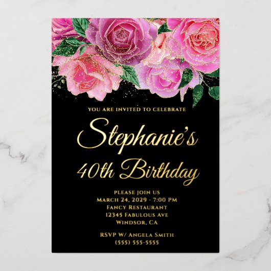 Gold Glitter Hot Pink Roos Zwart 40e Verjaardag Folie Uitnodiging (Voorkant)