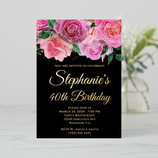 Gold Glitter Hot Pink Roos Zwart 40e Verjaardag Folie Uitnodiging (Staand Voorkant)