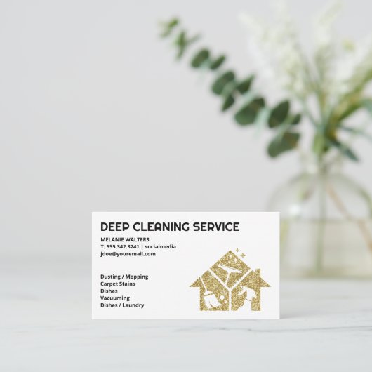 Gold Glitter House Keeping Logo | Meid Service Visitekaartje (Staand voorkant)