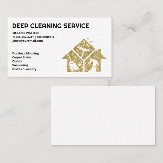 Gold Glitter House Keeping Logo | Meid Service Visitekaartje (Voorkant / Achterkant)