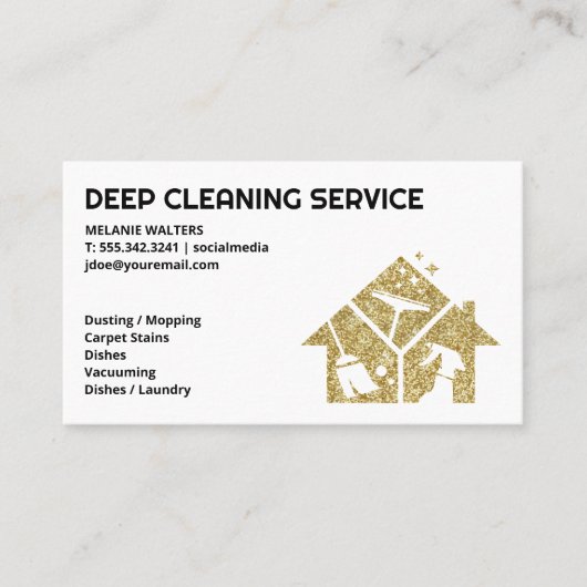 Gold Glitter House Keeping Logo | Meid Service Visitekaartje (Voorkant)