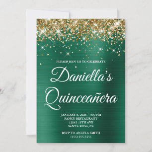 Gold Glitter Hunter Green Folie Quinceañera Kaart